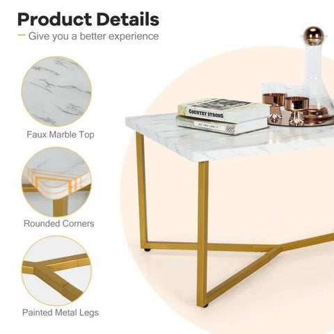 Stylish and Modern Coffee Table with Sturdy Metal Y-shaped Legs in White and Gold
