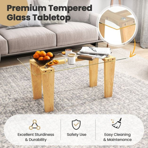 Rectangular Wood Coffee Table with Contemporary Tripod Design and Tempered Glass Top