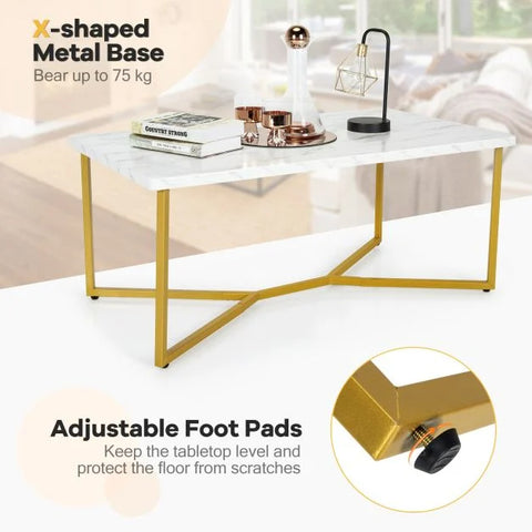 Stylish and Modern Coffee Table with Sturdy Metal Y-shaped Legs in White and Gold