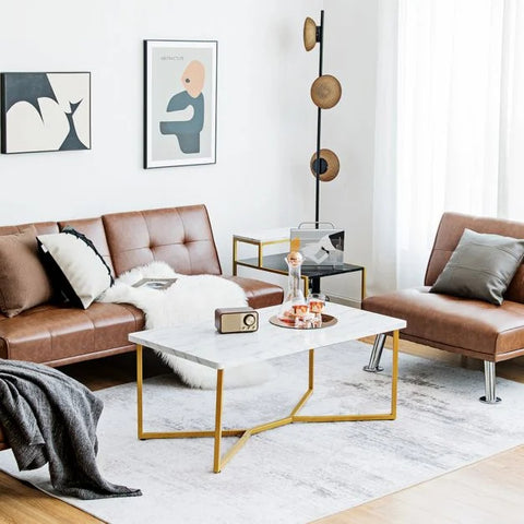 Stylish and Modern Coffee Table with Sturdy Metal Y-shaped Legs in White and Gold