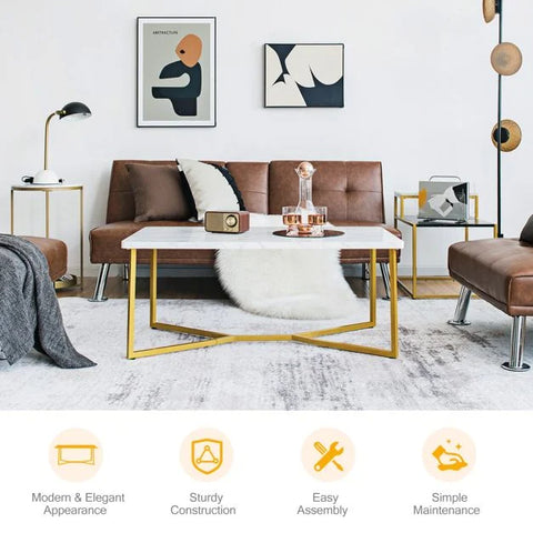 Stylish and Modern Coffee Table with Sturdy Metal Y-shaped Legs in White and Gold
