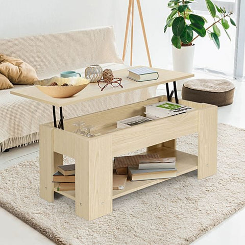 Modern and Versatile Coffee Table with 2 Shelves and Height-Adjustable Table Top