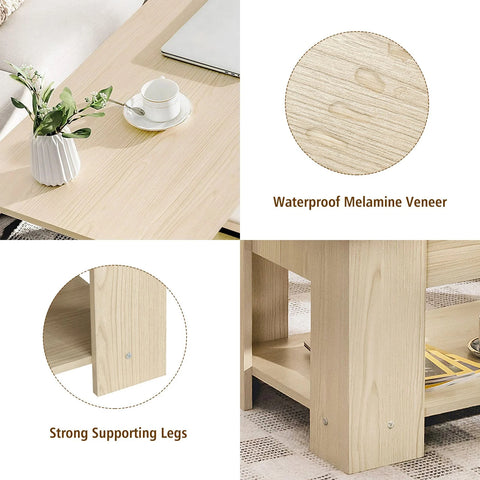 Modern and Versatile Coffee Table with 2 Shelves and Height-Adjustable Table Top