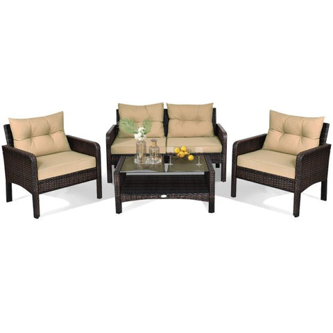 Patio Wicker Conversation Furniture Set with soft cushions in Yellow