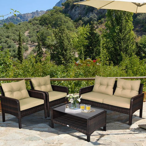 Patio Wicker Conversation Furniture Set with soft cushions in Yellow