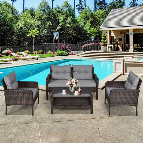 Patio Wicker Conversation Furniture Set with soft cushions in Yellow