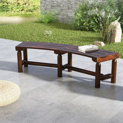 Curved Bench with Slatted Seat and Carbonized Wood Frame