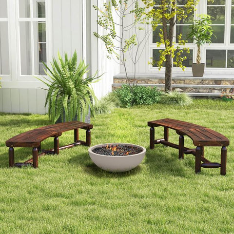 Curved Bench with Slatted Seat and Carbonized Wood Frame