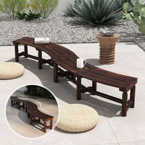 Curved Bench with Slatted Seat and Carbonized Wood Frame
