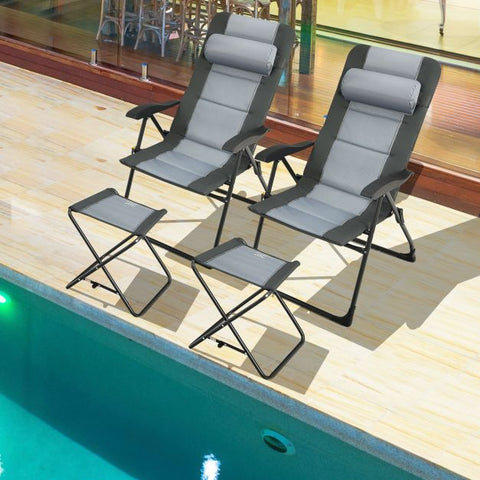 Patio Dining Chair and Ottoman Set with 7-Position Adjustable Backrest in Grey