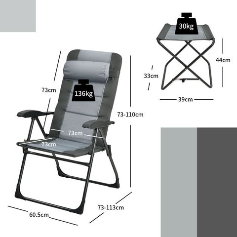 Patio Dining Chair and Ottoman Set with 7-Position Adjustable Backrest in Grey
