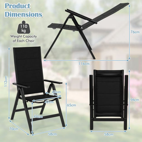 Outdoor Lightweight Folding Chairs with 7-Level Recline and Padded Seat in Black