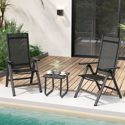 Outdoor Folding Chair Set with 7-Level Recline Function and Wide Armrests in Black