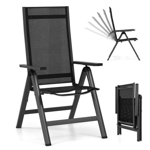Outdoor Folding Chair Set with 7-Level Recline Function and Wide Armrests in Black