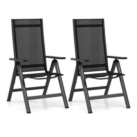 Outdoor Folding Chair Set with 7-Level Recline Function and Wide Armrests in Black