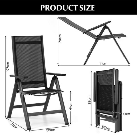 Outdoor Folding Chair Set with 7-Level Recline Function and Wide Armrests in Black