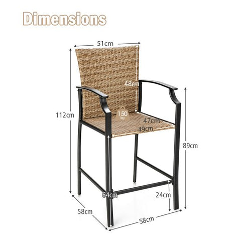 Garden Wicker Bar Stools Set with Steel Frame and High Backrest