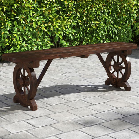 Slatted Bench with Wagon Wheel Base and Carbonized Wood Frame