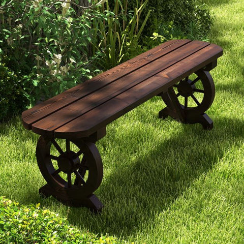 Slatted Bench with Wagon Wheel Base and Carbonized Wood Frame