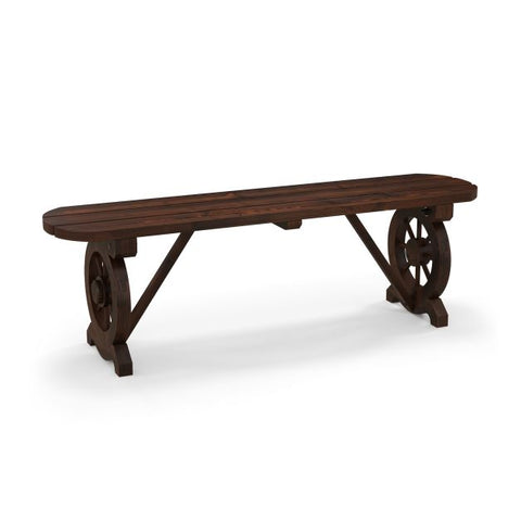 Slatted Bench with Wagon Wheel Base and Carbonized Wood Frame
