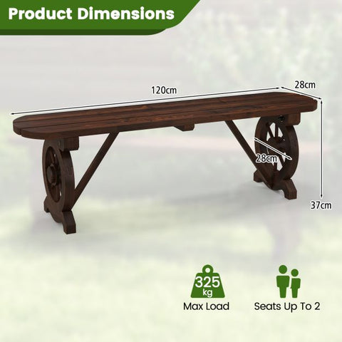 Slatted Bench with Wagon Wheel Base and Carbonized Wood Frame