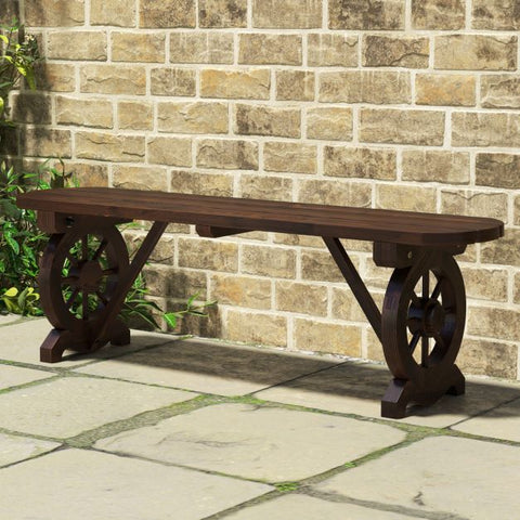 Slatted Bench with Wagon Wheel Base and Carbonized Wood Frame