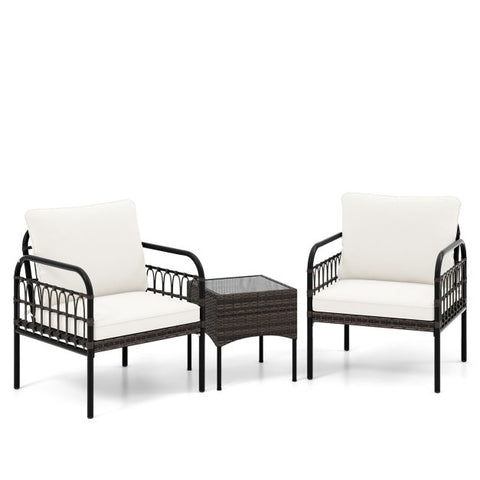 Garden Wicker Furniture Set with Tempered Glass Coffee Table in White
