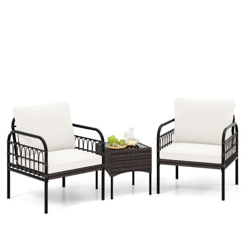 Garden Wicker Furniture Set with Tempered Glass Coffee Table in White