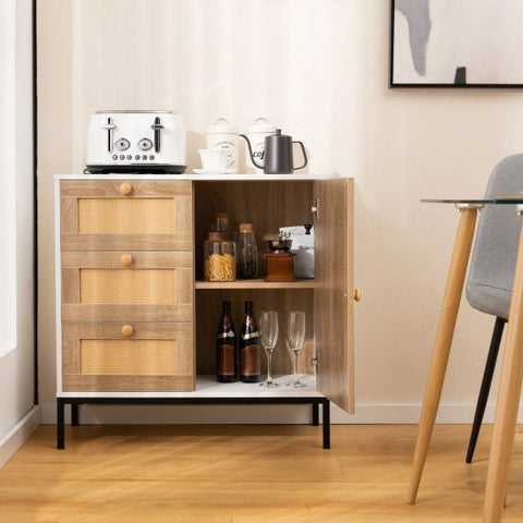 Multi-use Buffet Cabinet with Unique Rattan Design for Ventilation and Ample Storage