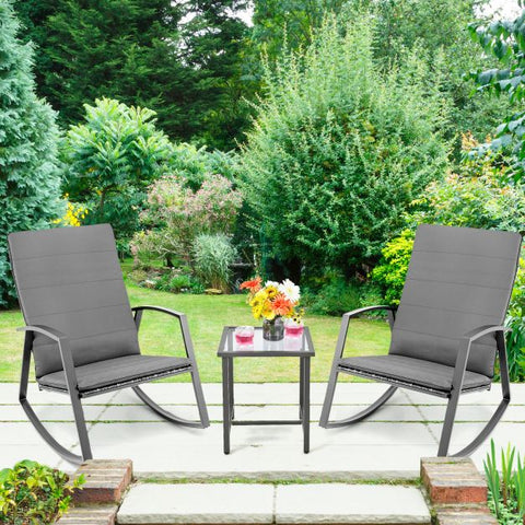 Outdoor Rocking Chairs set with Tempered Glass table in Grey