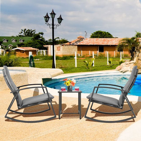 Outdoor Rocking Chairs set with Tempered Glass table in Grey
