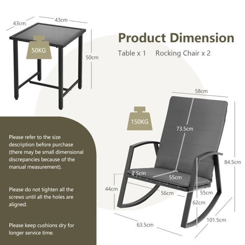 Outdoor Rocking Chairs set with Tempered Glass table in Grey