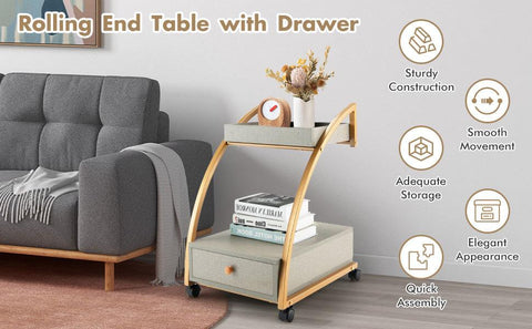 Stylish and Spacious Side Table with 2 Tiers and Wheels in Grey
