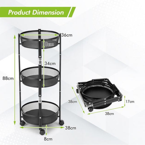 Round/Square 3-Tier Folding Metal Storage Trolley-Square