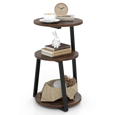 Versatile Industrial Style 3 Tier Round Side Table with Storage Shelves