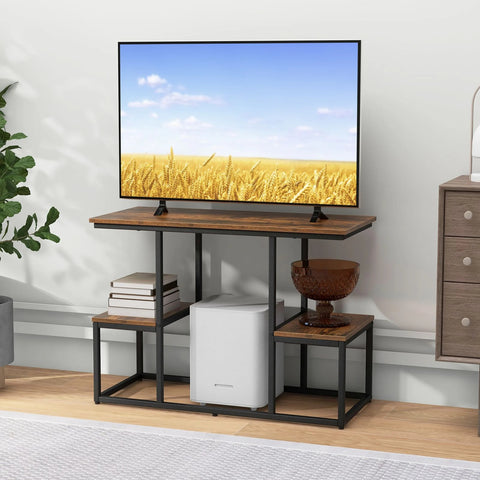 Open Design Industrial TV Stand with Metal Frame and Ample Storage Space in Rustic Brown
