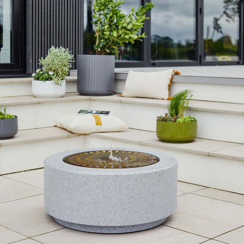Elegant Light Display Terrazzo Water Feature with Brass Finish