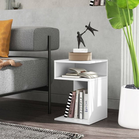 Multi Use S-Shaped Side table with Ample Storage and Elegant Compact Design in White