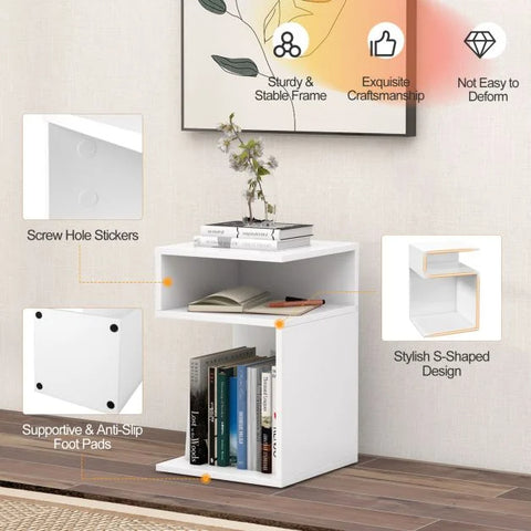 Multi Use S-Shaped Side table with Ample Storage and Elegant Compact Design in White