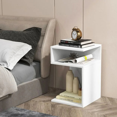Multi Use S-Shaped Side table with Ample Storage and Elegant Compact Design in White