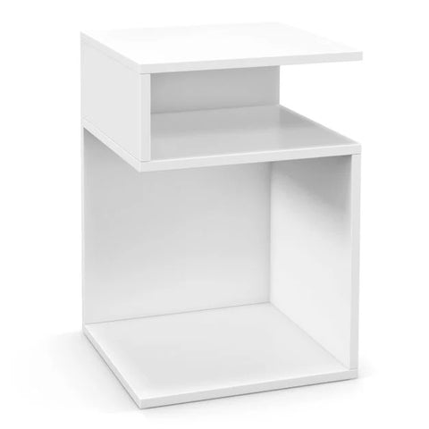 Multi Use S-Shaped Side table with Ample Storage and Elegant Compact Design in White