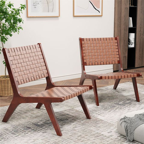Garden Wood Frame Chair Set with Woven Leather in Brown