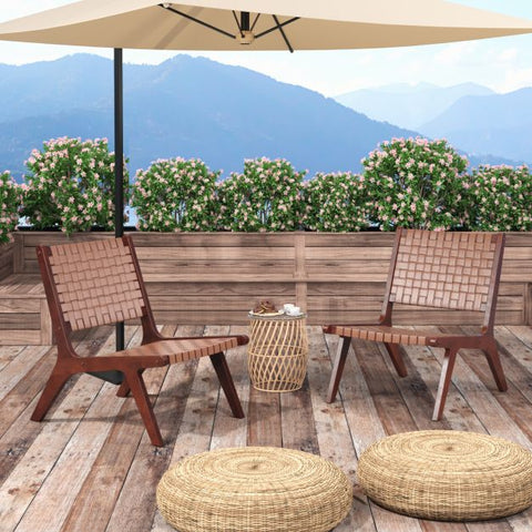 Garden Wood Frame Chair Set with Woven Leather in Brown
