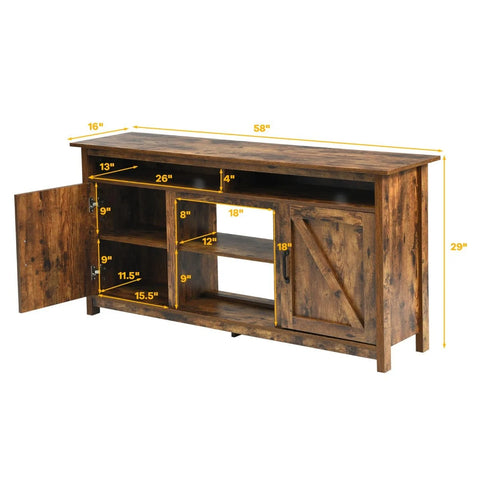 Rustic Style Multi-use TV Stand with Open Storage and Vintage Barn Doors in Brown