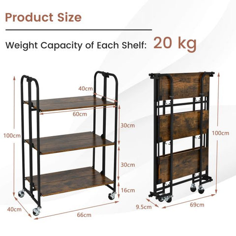 Compact and Simple Rustic 3 Tier Storage Cart with Metal Frame