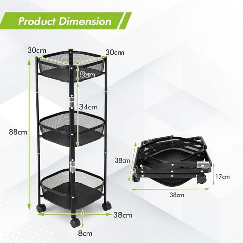 Round/Square 3-Tier Folding Metal Storage Trolley-Square