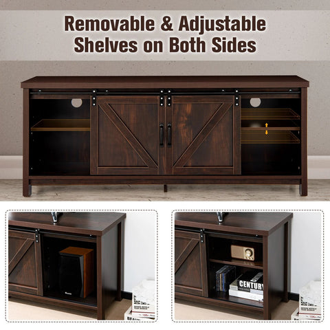 Rustic Farmhouse Style TV Stand with Sliding Barn Doors and Spacious Design in Brown