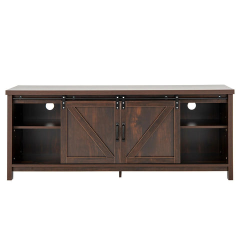 Rustic Farmhouse Style TV Stand with Sliding Barn Doors and Spacious Design in Brown