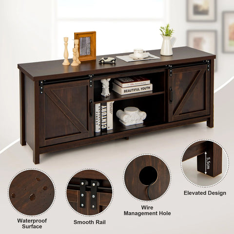 Rustic Farmhouse Style TV Stand with Sliding Barn Doors and Spacious Design in Brown