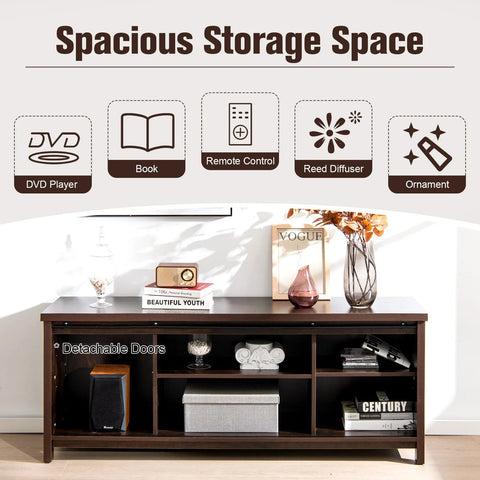 Rustic Farmhouse Style TV Stand with Sliding Barn Doors and Spacious Design in Brown